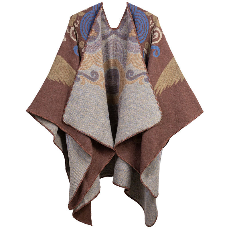 Buddha Stones Tibetan Open Front Auspicious Cloud Crane Pattern Unisex Cozy Scarf Shawl - Sienna - image 7
