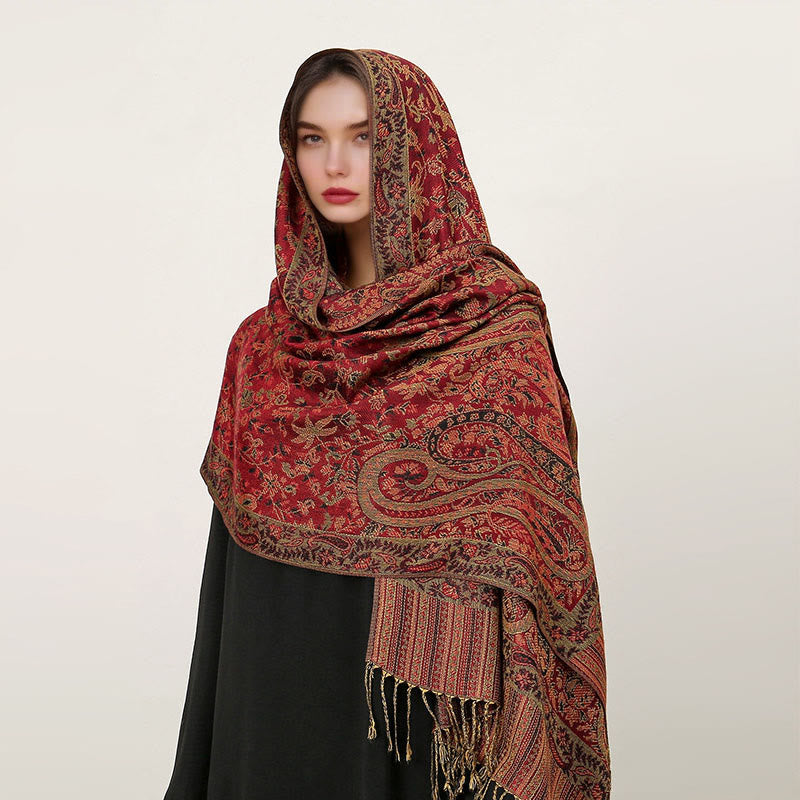 Buddha Stones Ethnic Daily Tibetan Paisley Pattern Tassel Cozy Scarf Shawl - Crimson - 70*180cm - image 4