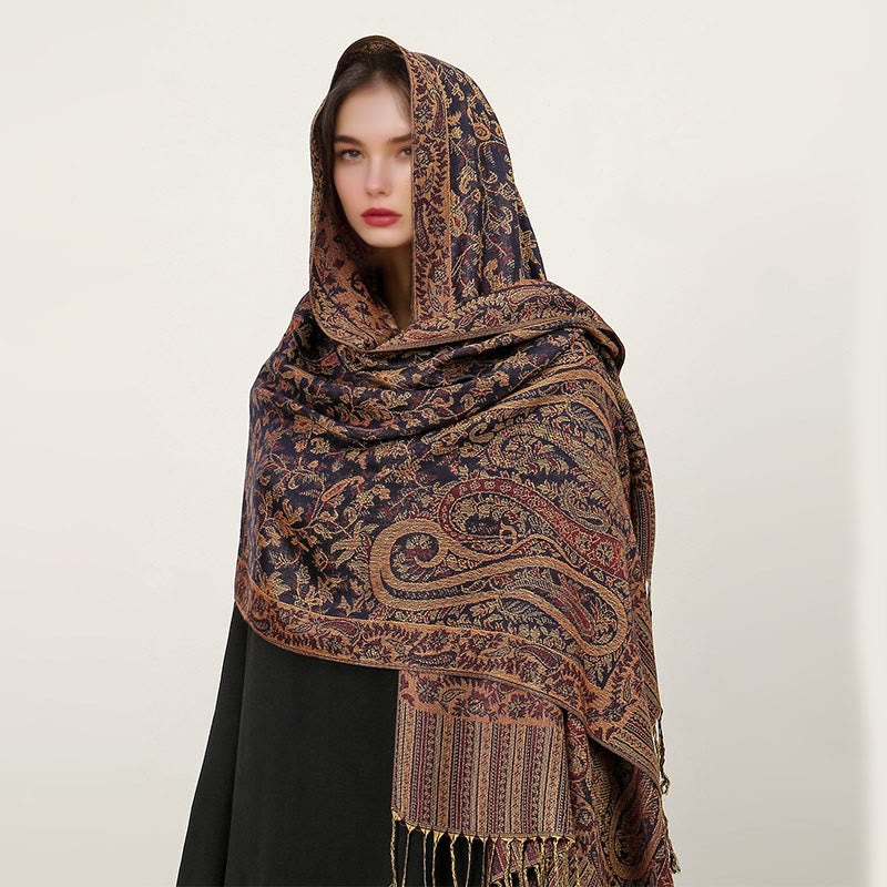 Buddha Stones Ethnic Daily Tibetan Paisley Pattern Tassel Cozy Scarf Shawl - Indigo - 70*180cm - image 0