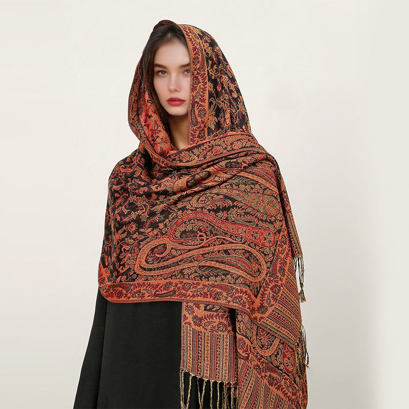 Buddha Stones Ethnic Daily Tibetan Paisley Pattern Tassel Cozy Scarf Shawl - OrangeRed - 70*180cm - image 8