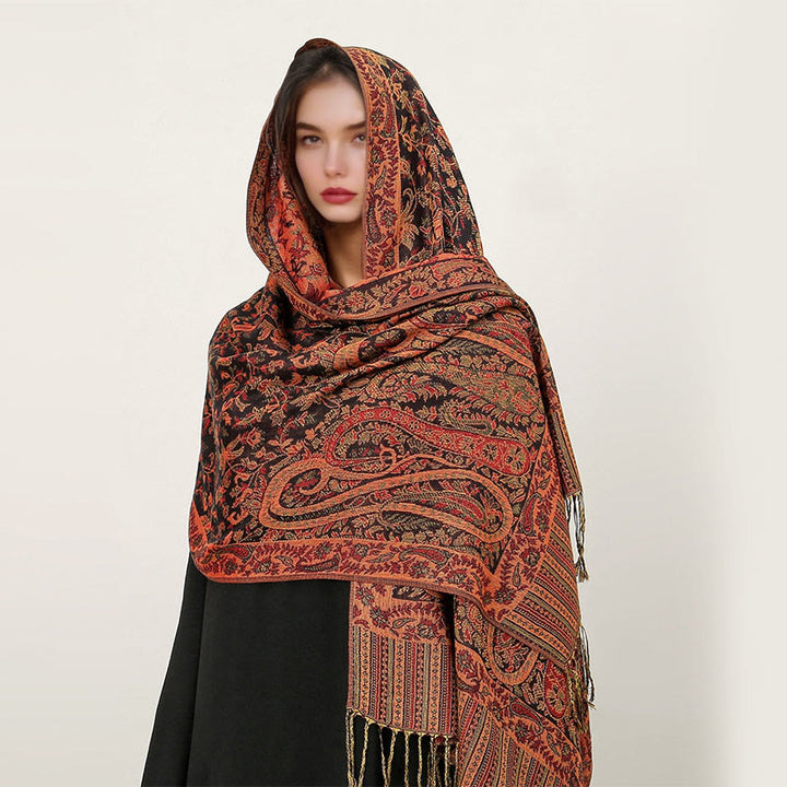 Buddha Stones Ethnic Daily Tibetan Paisley Pattern Tassel Cozy Scarf Shawl - OrangeRed - 70*180cm - image 8