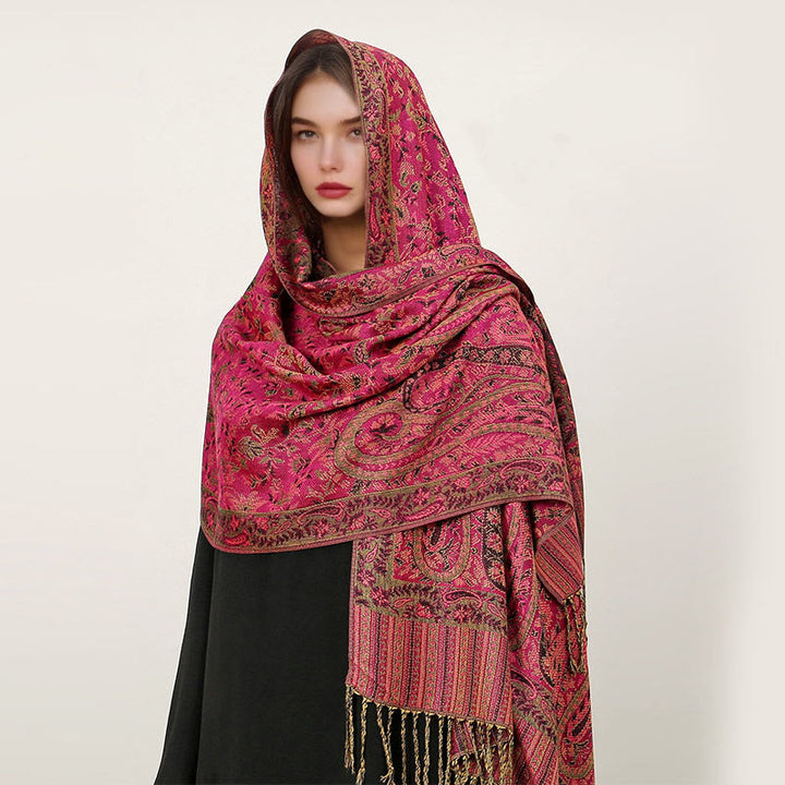 Buddha Stones Ethnic Daily Tibetan Paisley Pattern Tassel Cozy Scarf Shawl - MediumVioletRed - 70*180cm - image 6