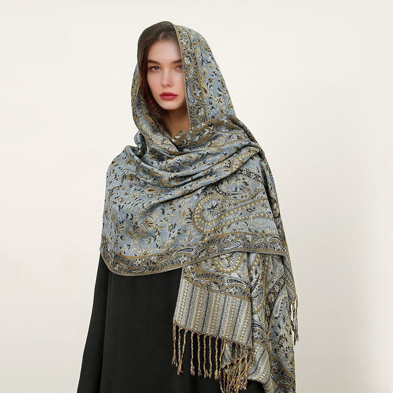 Buddha Stones Ethnic Daily Tibetan Paisley Pattern Tassel Cozy Scarf Shawl - LightSteelBlue - 70*180cm - image 24