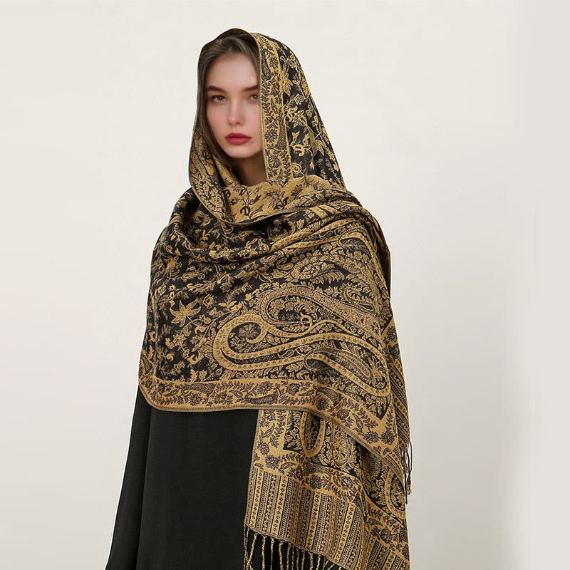 Buddha Stones Ethnic Daily Tibetan Paisley Pattern Tassel Cozy Scarf Shawl - Goldenrod - 70*180cm - image 12