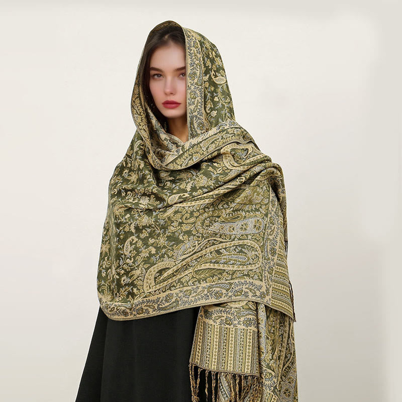 Buddha Stones Ethnic Daily Tibetan Paisley Pattern Tassel Cozy Scarf Shawl - OliveDrab - 70*180cm - image 16