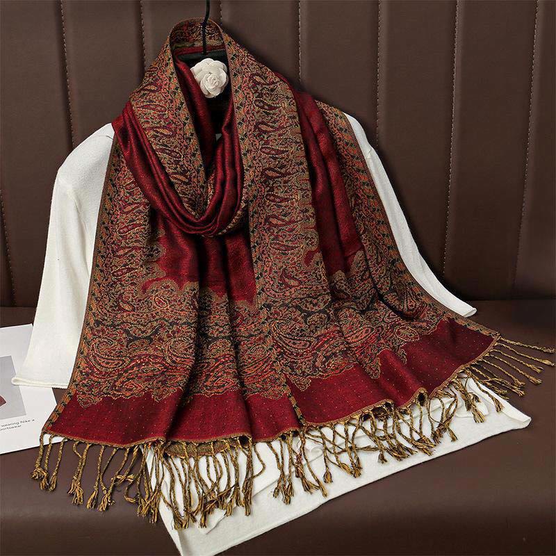 Buddha Stones Winter Ethnic Tibetan Jacquard Paisley Printing Pattern Tassel Cozy Scarf Shawl - FireBrick - 70*190cm - image 1