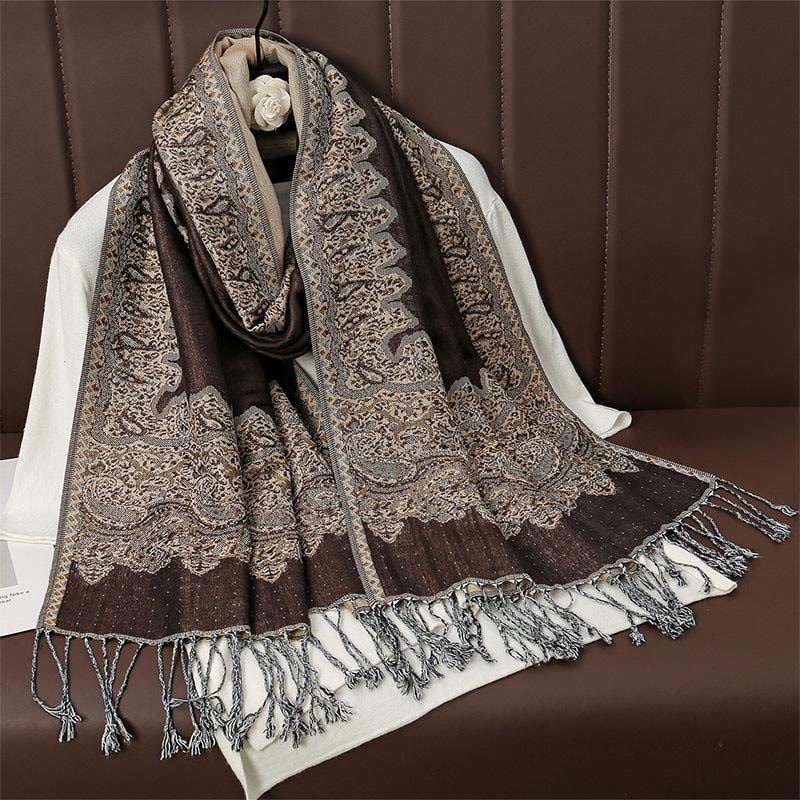 Buddha Stones Winter Ethnic Tibetan Jacquard Paisley Printing Pattern Tassel Cozy Scarf Shawl - SaddleBrown - 70*190cm - image 0