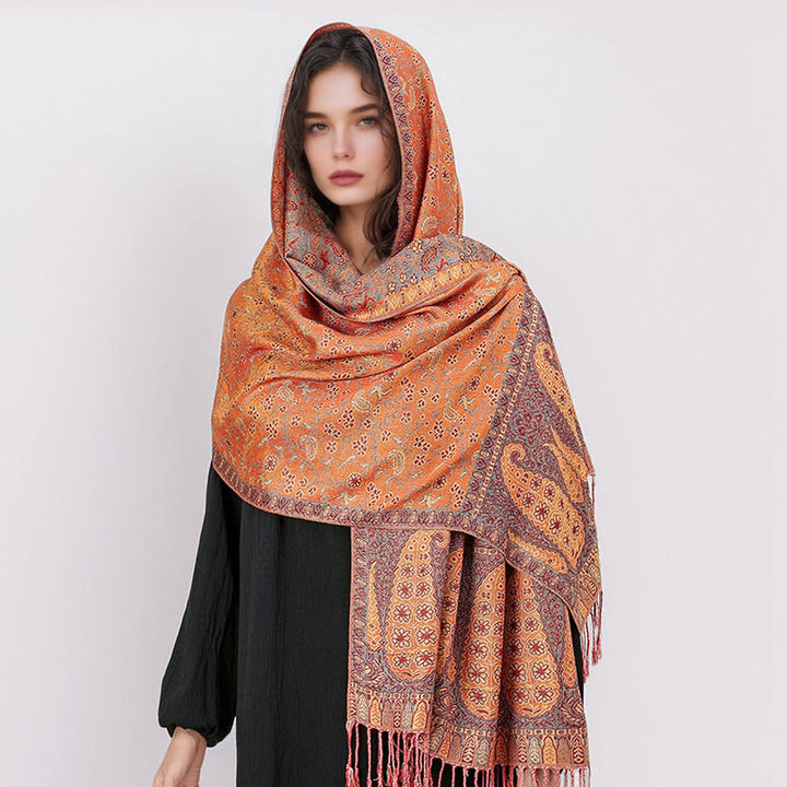 Buddha Stones Tibetan Jacquard Paisley Flower Pattern Color Contrast Design Tassel Cozy Scarf Shawl - image 10