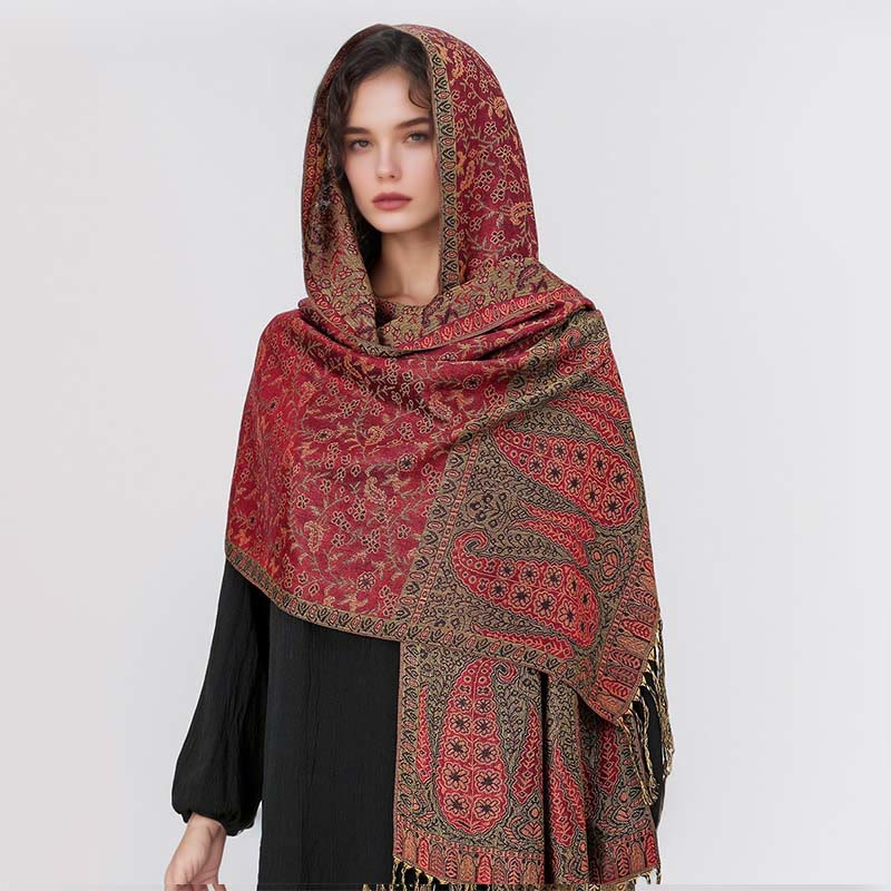 Buddha Stones Tibetan Jacquard Paisley Flower Pattern Color Contrast Design Tassel Cozy Scarf Shawl - image 4