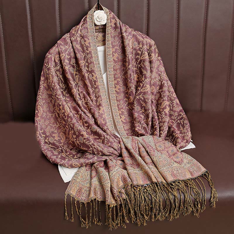 Buddha Stones Tibetan Jacquard Paisley Flower Pattern Color Contrast Design Tassel Cozy Scarf Shawl - IndianRed - image 31