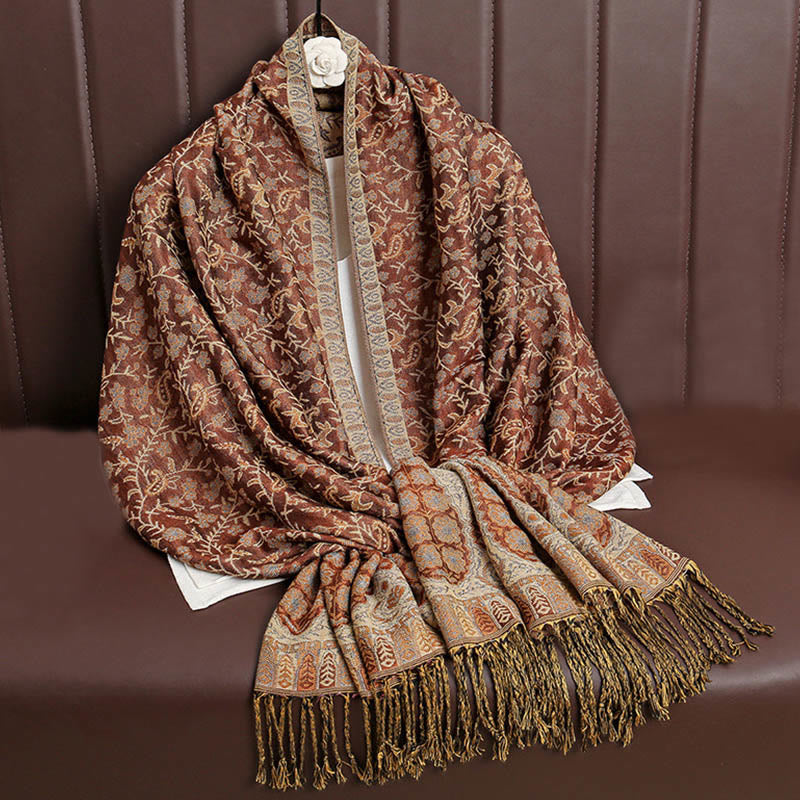Buddha Stones Tibetan Jacquard Paisley Flower Pattern Color Contrast Design Tassel Cozy Scarf Shawl - Chocolate - image 18