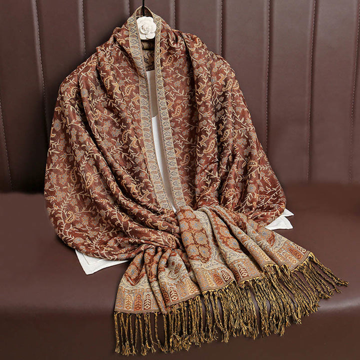 Buddha Stones Tibetan Jacquard Paisley Flower Pattern Color Contrast Design Tassel Cozy Scarf Shawl - Chocolate - image 18