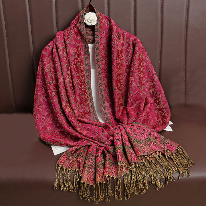 Buddha Stones Tibetan Jacquard Paisley Flower Pattern Color Contrast Design Tassel Cozy Scarf Shawl - DeepPink - image 5