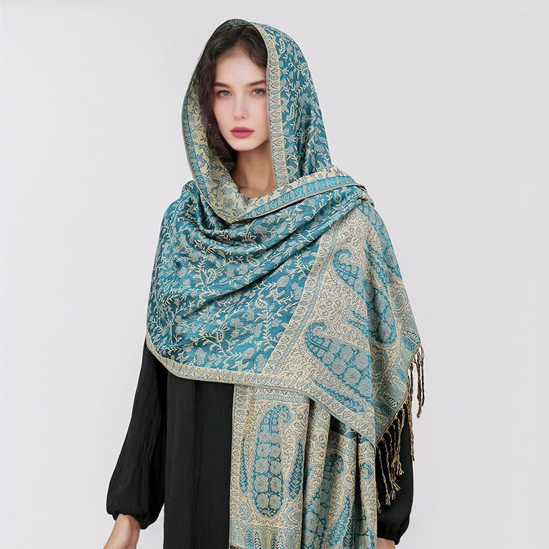 Buddha Stones Tibetan Jacquard Paisley Flower Pattern Color Contrast Design Tassel Cozy Scarf Shawl - image 30