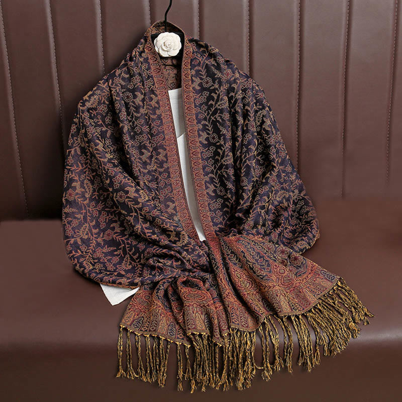 Buddha Stones Tibetan Jacquard Paisley Flower Pattern Color Contrast Design Tassel Cozy Scarf Shawl - Indigo - image 27