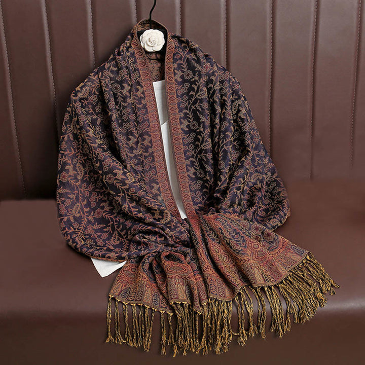 Buddha Stones Tibetan Jacquard Paisley Flower Pattern Color Contrast Design Tassel Cozy Scarf Shawl - Indigo - image 27