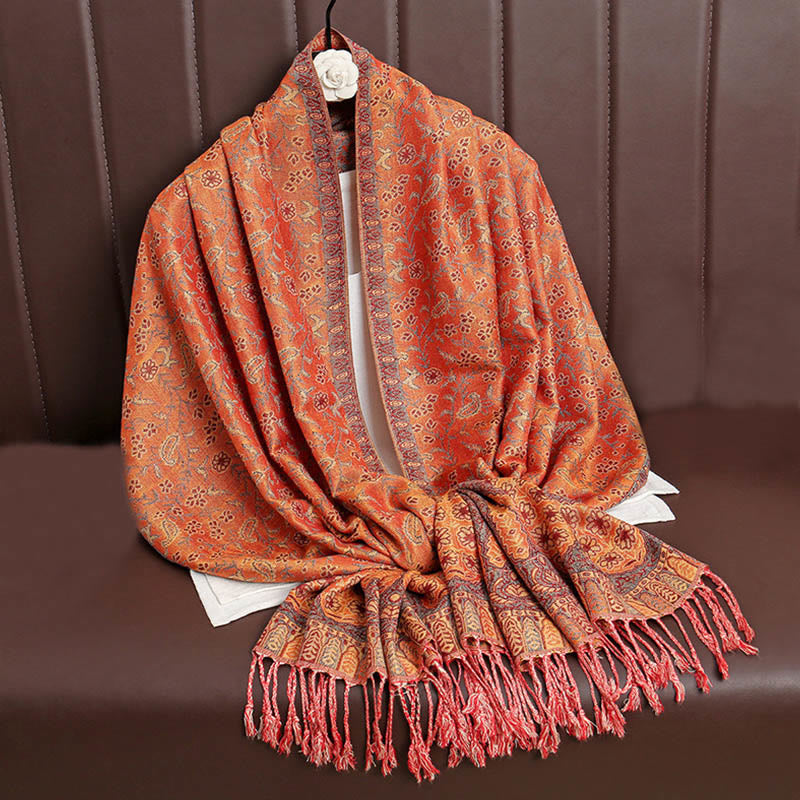 Buddha Stones Tibetan Jacquard Paisley Flower Pattern Color Contrast Design Tassel Cozy Scarf Shawl - SandyBrown - image 9