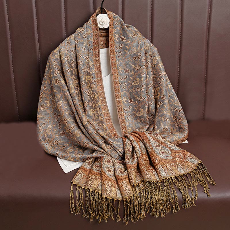 Buddha Stones Tibetan Jacquard Paisley Flower Pattern Color Contrast Design Tassel Cozy Scarf Shawl - Peru - image 25