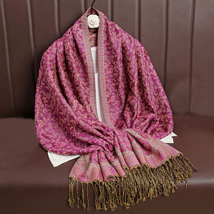 Buddha Stones Tibetan Jacquard Paisley Flower Pattern Color Contrast Design Tassel Cozy Scarf Shawl - MediumVioletRed - image 15