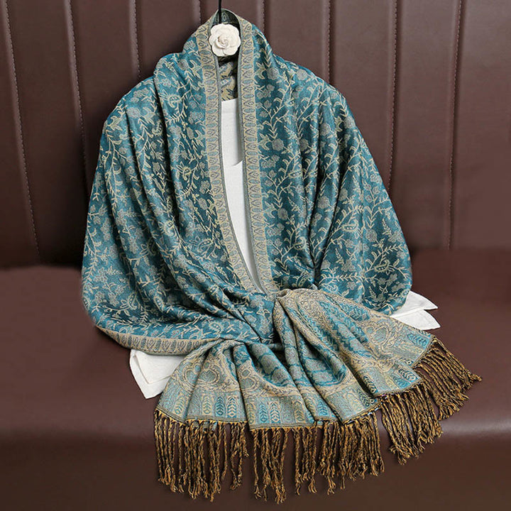 Buddha Stones Tibetan Jacquard Paisley Flower Pattern Color Contrast Design Tassel Cozy Scarf Shawl - LightSeaGreen - image 29