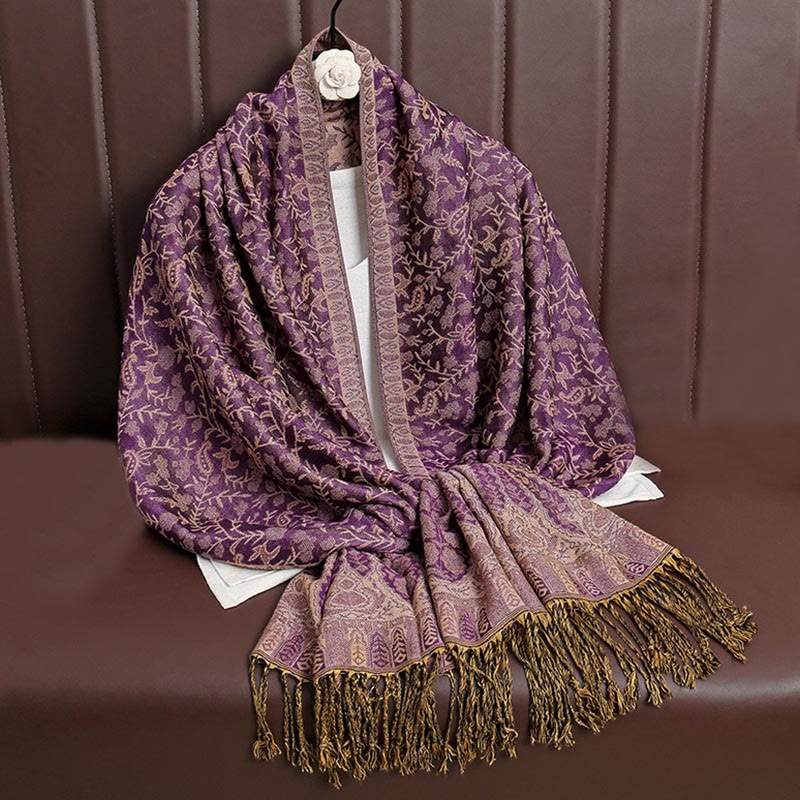 Buddha Stones Tibetan Jacquard Paisley Flower Pattern Color Contrast Design Tassel Cozy Scarf Shawl - Fuchsia - image 22