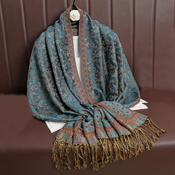 Buddha Stones Tibetan Jacquard Paisley Flower Pattern Color Contrast Design Tassel Cozy Scarf Shawl - Teal - image 20