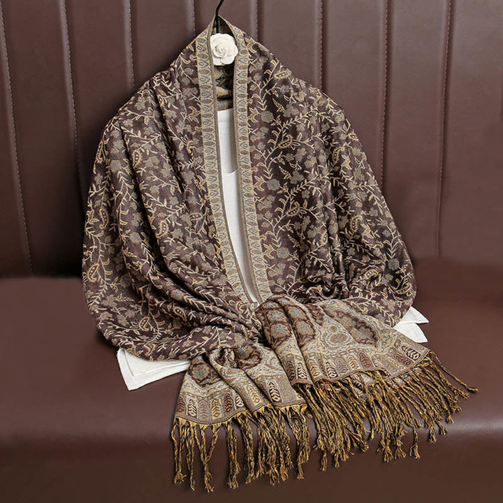 Buddha Stones Tibetan Jacquard Paisley Flower Pattern Color Contrast Design Tassel Cozy Scarf Shawl - SaddleBrown - image 13
