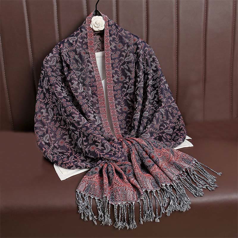 Buddha Stones Tibetan Jacquard Paisley Flower Pattern Color Contrast Design Tassel Cozy Scarf Shawl - DarkMagenta - image 37
