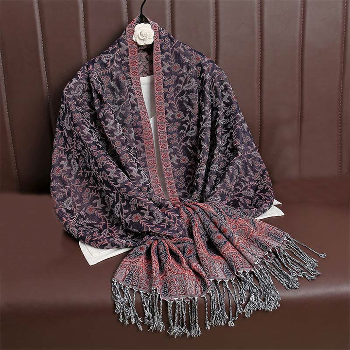 Buddha Stones Tibetan Jacquard Paisley Flower Pattern Color Contrast Design Tassel Cozy Scarf Shawl - DarkMagenta - image 37