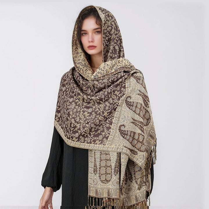 Buddha Stones Tibetan Jacquard Paisley Flower Pattern Color Contrast Design Tassel Cozy Scarf Shawl - image 14