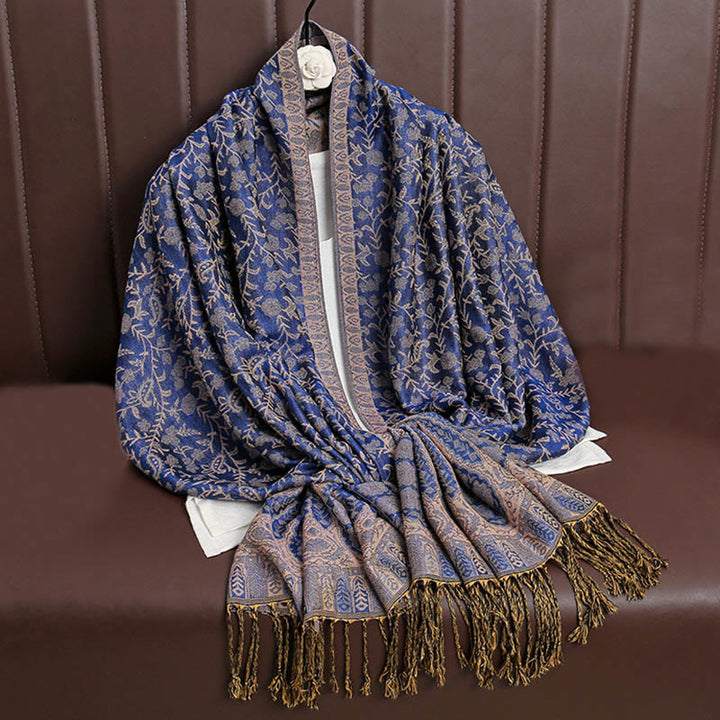 Buddha Stones Tibetan Jacquard Paisley Flower Pattern Color Contrast Design Tassel Cozy Scarf Shawl - SlateBlue - image 11