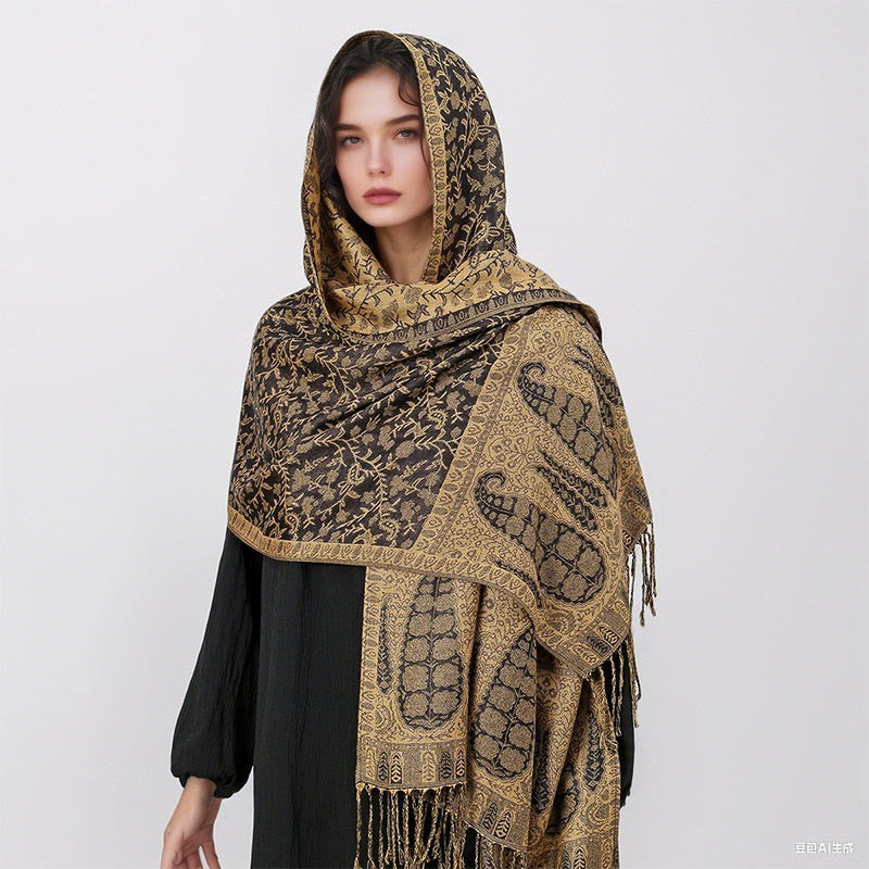 Buddha Stones Tibetan Jacquard Paisley Flower Pattern Color Contrast Design Tassel Cozy Scarf Shawl - image 40