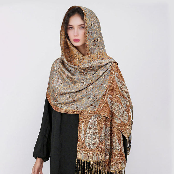 Buddha Stones Tibetan Jacquard Paisley Flower Pattern Color Contrast Design Tassel Cozy Scarf Shawl - image 26