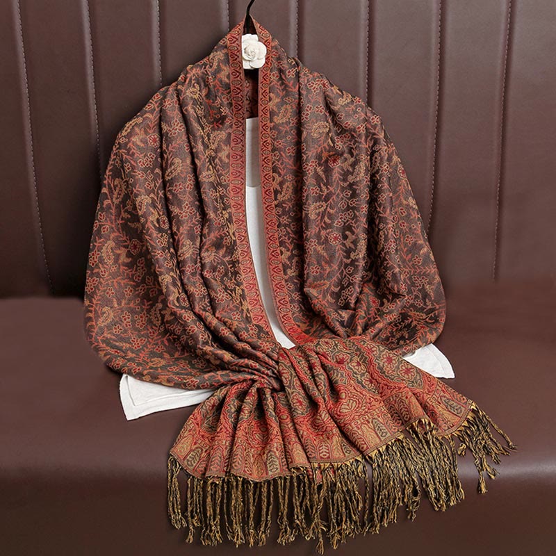 Buddha Stones Tibetan Jacquard Paisley Flower Pattern Color Contrast Design Tassel Cozy Scarf Shawl - Brown - image 33