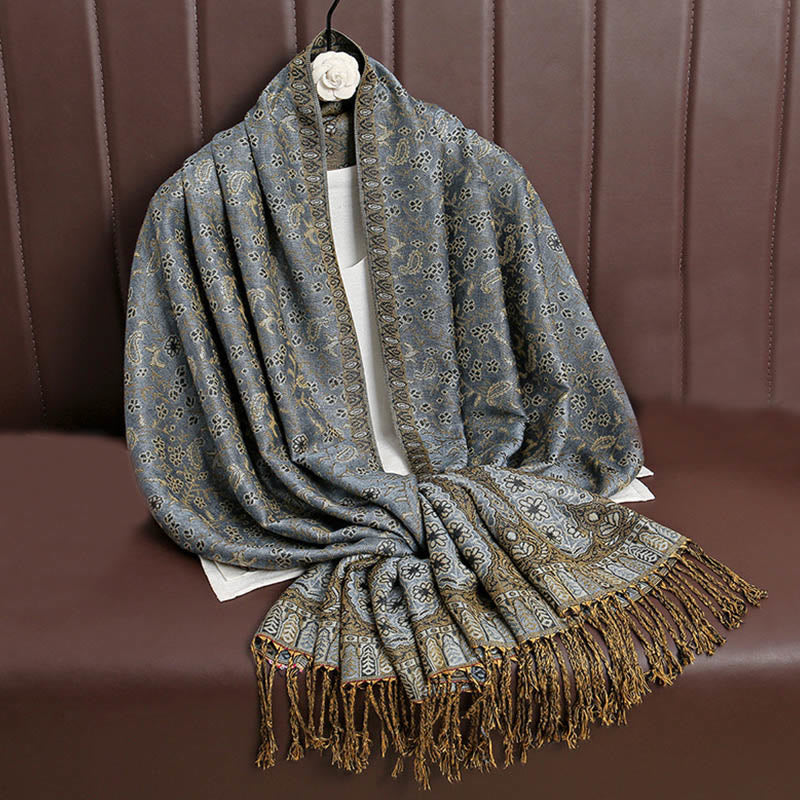 Buddha Stones Tibetan Jacquard Paisley Flower Pattern Color Contrast Design Tassel Cozy Scarf Shawl - LightSlateGray - image 21