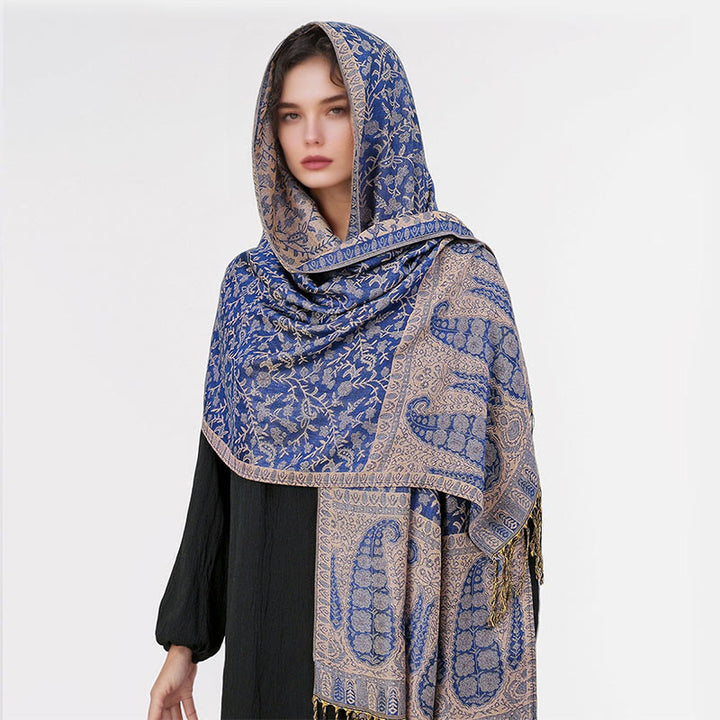 Buddha Stones Tibetan Jacquard Paisley Flower Pattern Color Contrast Design Tassel Cozy Scarf Shawl - image 12