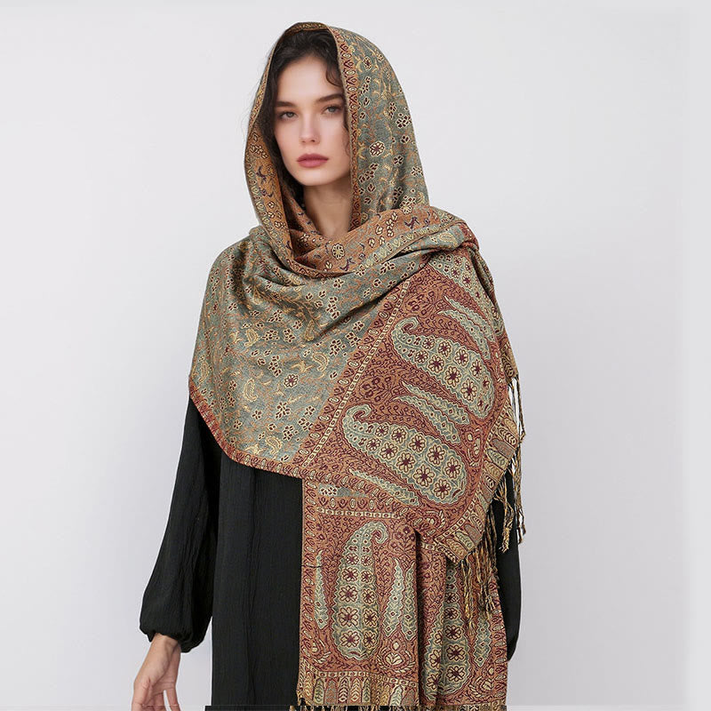 Buddha Stones Tibetan Jacquard Paisley Flower Pattern Color Contrast Design Tassel Cozy Scarf Shawl - image 24