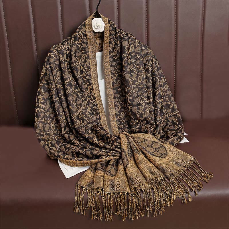 Buddha Stones Tibetan Jacquard Paisley Flower Pattern Color Contrast Design Tassel Cozy Scarf Shawl - DarkGoldenrod - image 39