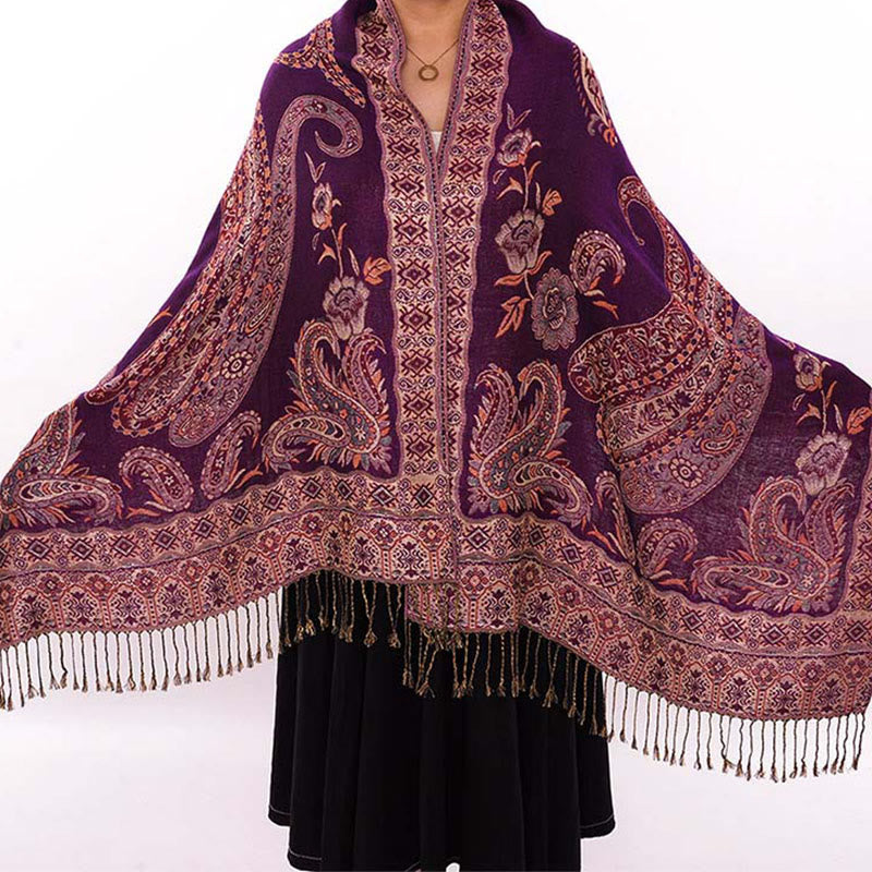 Buddha Stones Bohemia Style Tibetan Paisley Floral Pattern Tassel Cozy Scarf Shawl - DarkMagenta - 70*180 cm - image 16