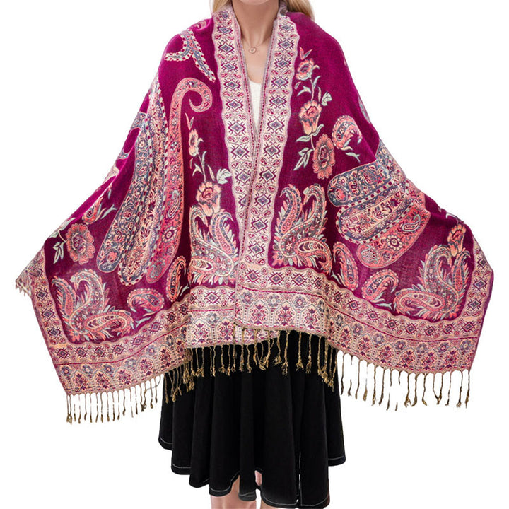 Buddha Stones Bohemia Style Tibetan Paisley Floral Pattern Tassel Cozy Scarf Shawl - MediumVioletRed - 70*180 cm - image 19