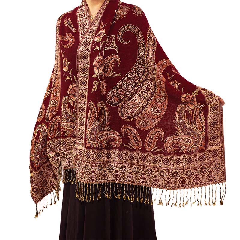 Buddha Stones Bohemia Style Tibetan Paisley Floral Pattern Tassel Cozy Scarf Shawl - DarkRed - 70*180 cm - image 8