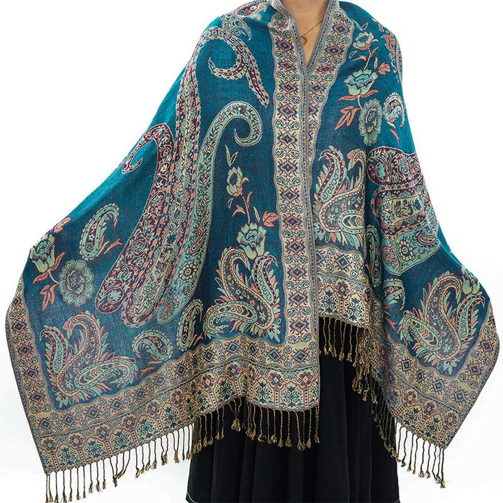 Buddha Stones Bohemia Style Tibetan Paisley Floral Pattern Tassel Cozy Scarf Shawl - Teal - 70*180 cm - image 12
