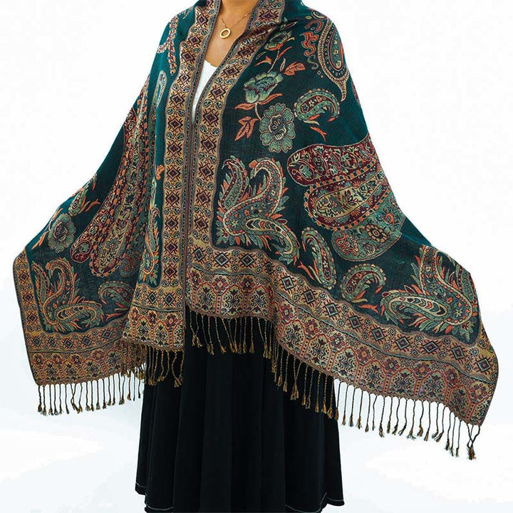 Buddha Stones Bohemia Style Tibetan Paisley Floral Pattern Tassel Cozy Scarf Shawl - DarkGreen - 70*180 cm - image 0