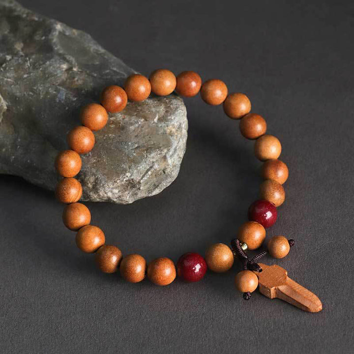 Buddha Stones Peach Wood Cinnabar Sword Charm Wealth Bracelet - 8mm Peach Wood(Wrist Circumference:14-16 cm) - image 7