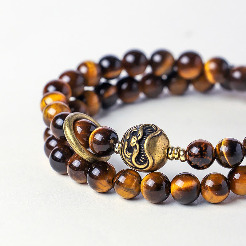 Buddha Stones Tibetan Black Obsidian Tiger Eye Copper Double Wrap Strength Bracelet - image 9