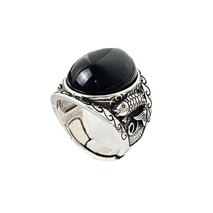 Buddha Stones Black Obsidian Koi Fish Symbol Strength Adjustable Ring - image 3