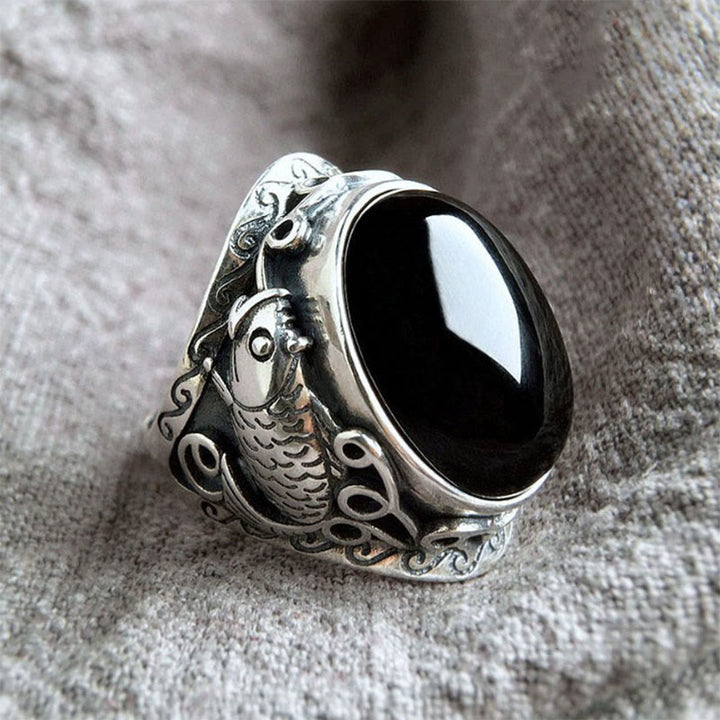 Buddha Stones Black Obsidian Koi Fish Symbol Strength Adjustable Ring - Black Obsidian - image 0