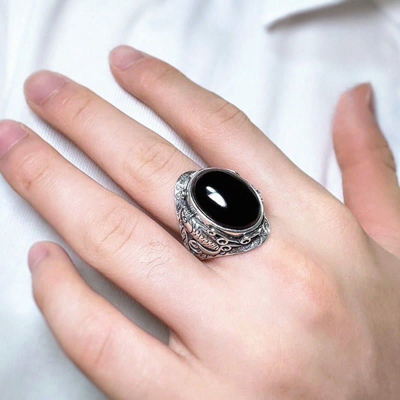 Buddha Stones Black Obsidian Koi Fish Symbol Strength Adjustable Ring - image 9