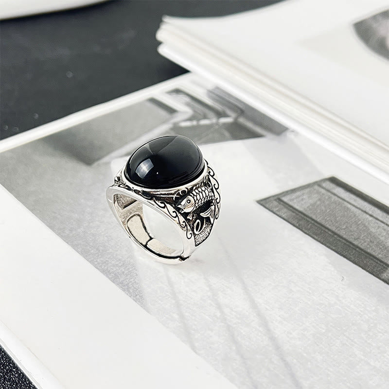 Buddha Stones Black Obsidian Koi Fish Symbol Strength Adjustable Ring - image 8