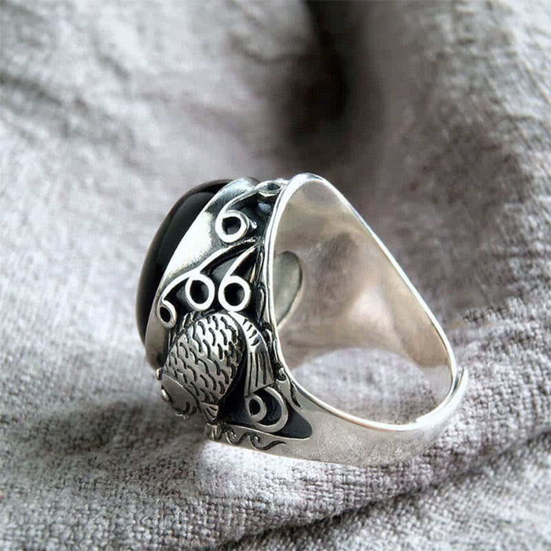 Buddha Stones Black Obsidian Koi Fish Symbol Strength Adjustable Ring - image 1